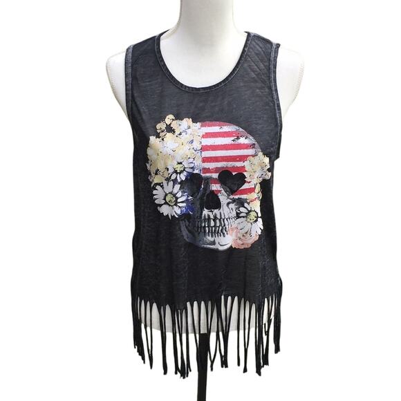 Burn Out Skull Patriotic Flag Graphic Fringed Tank Top Women's Medium - Picture 1 of 11